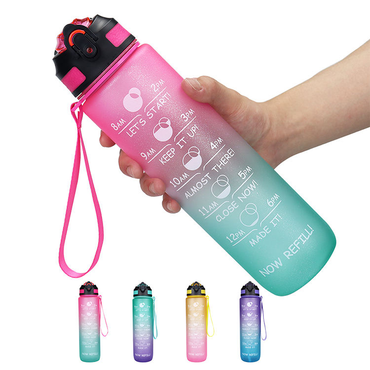 Gradient Drinking 1000ml 1L Plastic Creative Frosted Straw Cover Space Water Sports Bottle Outdoor Travel Mug with Silicone Hand