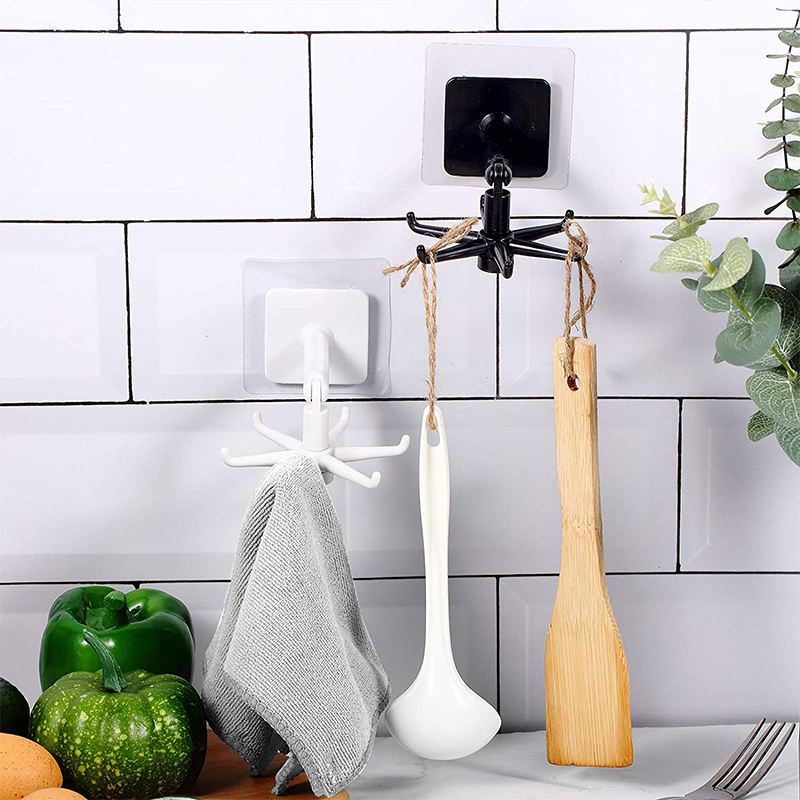 Kitchen Utensil Holder with 6 Hooks, Rotatable Adhesive Wall Hooks Space Saving No Drilling Wall Mounted for Hanging Lid