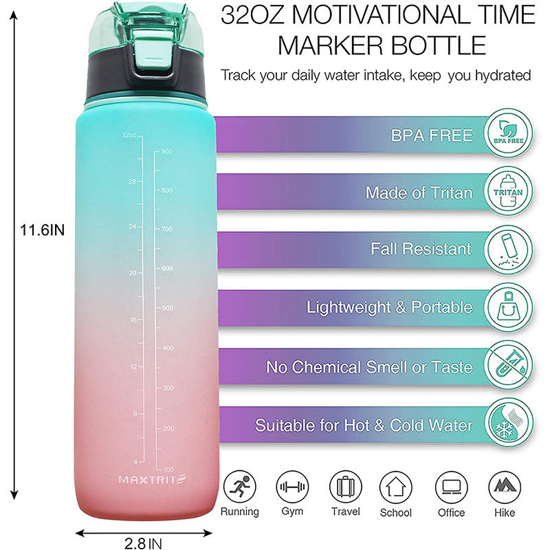 1L Tritan BPA Free Gym Sport Gallon Motivational Drinks Plastic Water Bottle with Time Marker