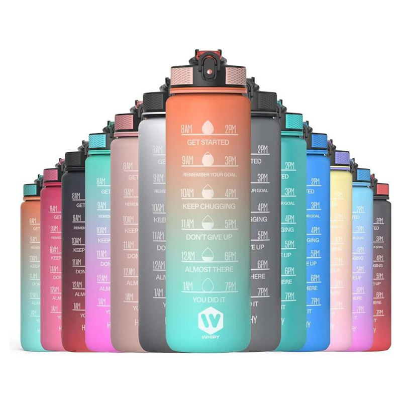 Hot Sale 32oz/1000ml BPA FREE Gradient Color Gym Fitness Sports Plastic Large Motivational Water Bottle with Time Marker