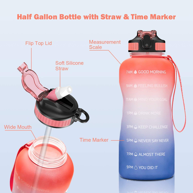 Outdoor Sports Half Gallon 64 oz BPA Free Time Marker Motivational Plastic Water Bottles