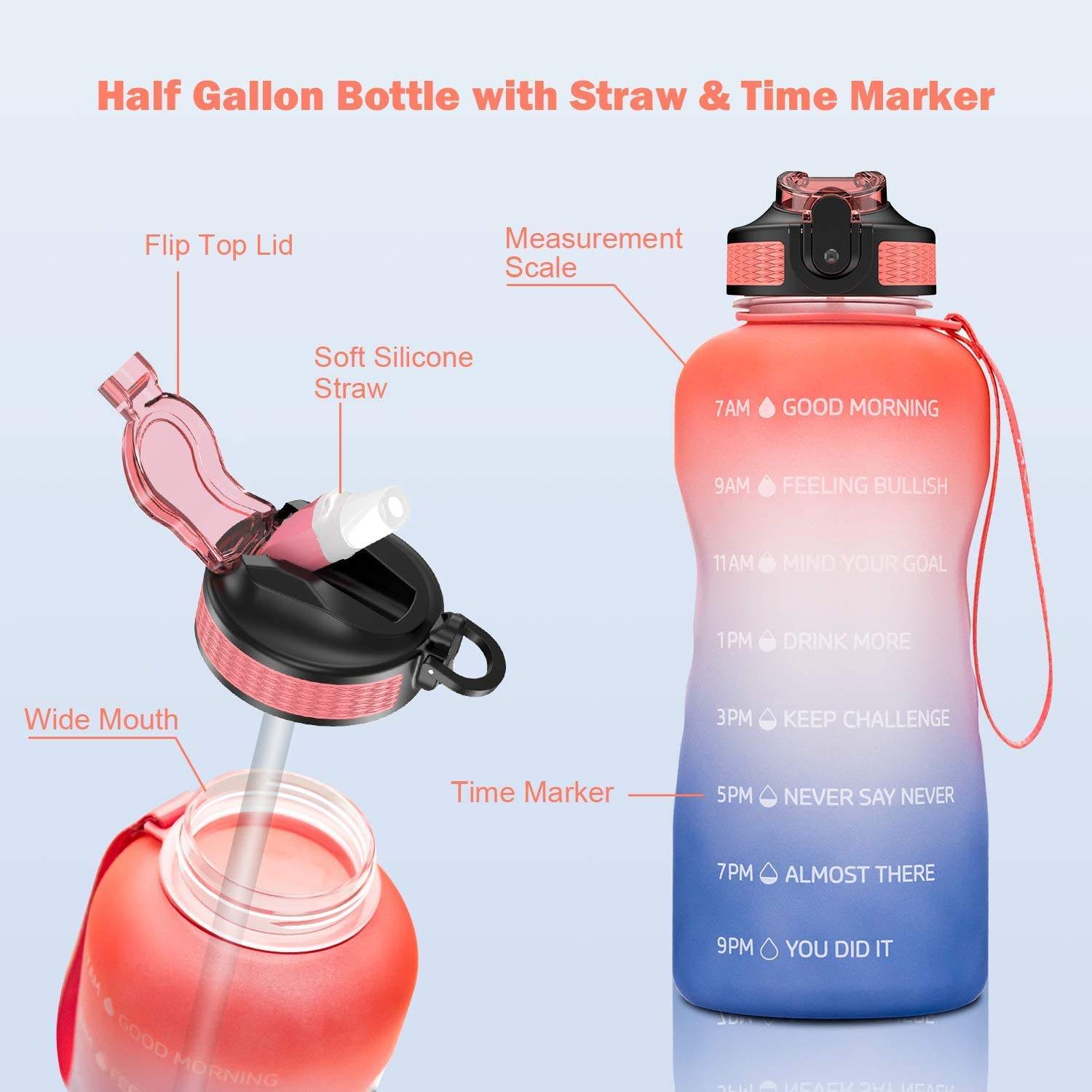 Outdoor Sports Half Gallon 64 oz BPA Free Time Marker Motivational Plastic Water Bottles