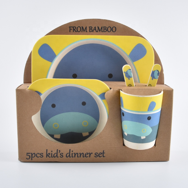 Bamboo Fiber Children Tableware Set Baby Feeding Plates Dishes Bowl With Cup Fork Spoon Cartoon Animal Kids Dinnerware