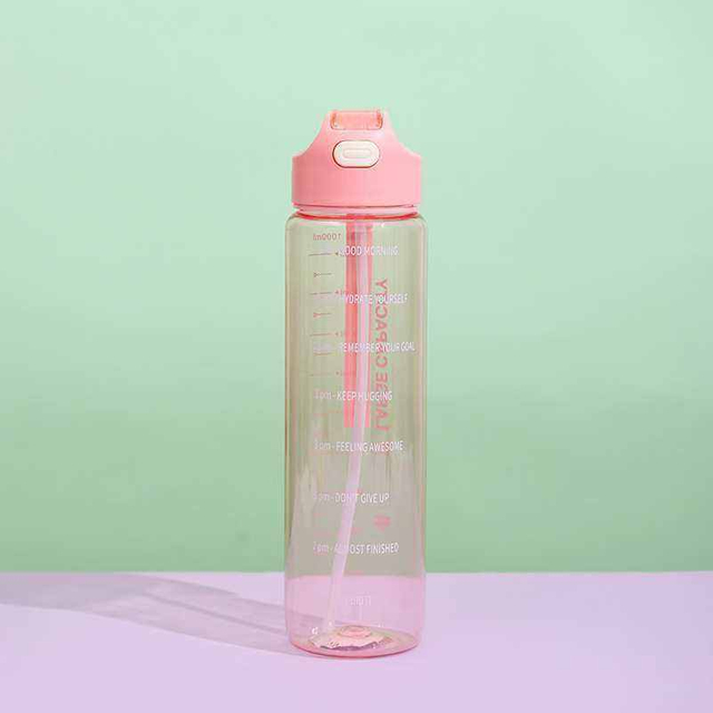 1L Large Capacity Transparent Colorful Motivational Water Bottle Plastic With Straw Time Marker
