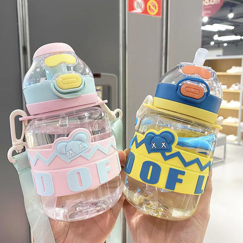 600ml School Children's Anti slip Sport Plastic Water Bottle with Silicone Sleeve Straw and Shoulder Strap BPA Free