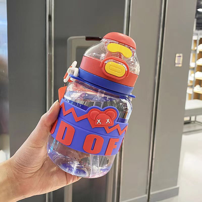 600ml School Children's Anti slip Sport Plastic Water Bottle with Silicone Sleeve Straw and Shoulder Strap BPA Free