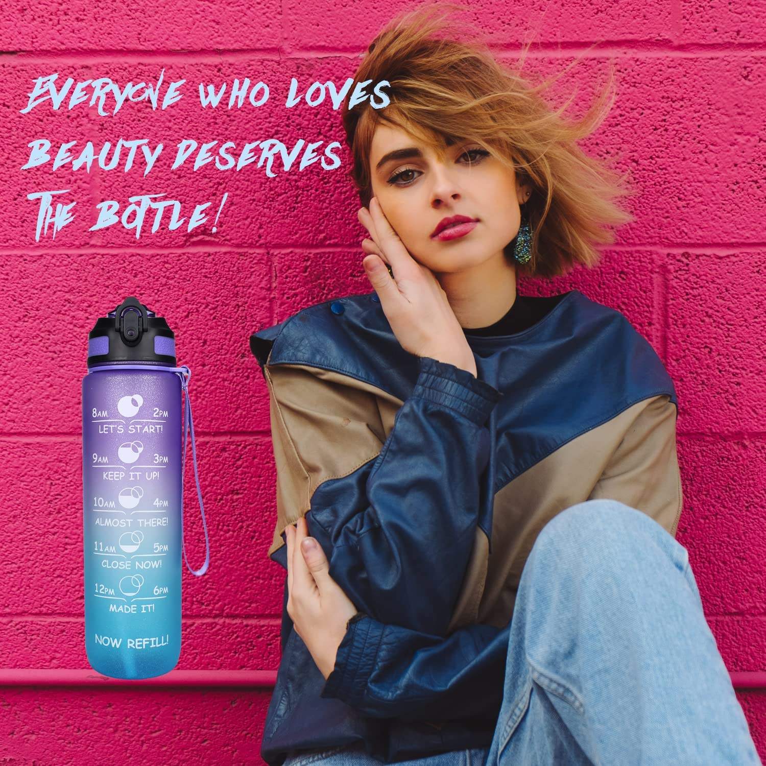 32 OZ Leak Proof BPA Free Plastic Fitness Sports Motivational Tritan Water Bottle with Times to Drink and Straw