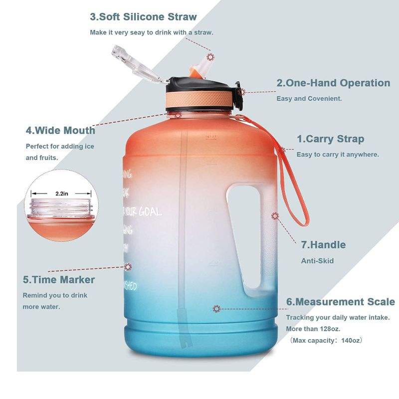 128oz Large Capacity Gallon Water Bottle Motivational with Straw & Big Handle
