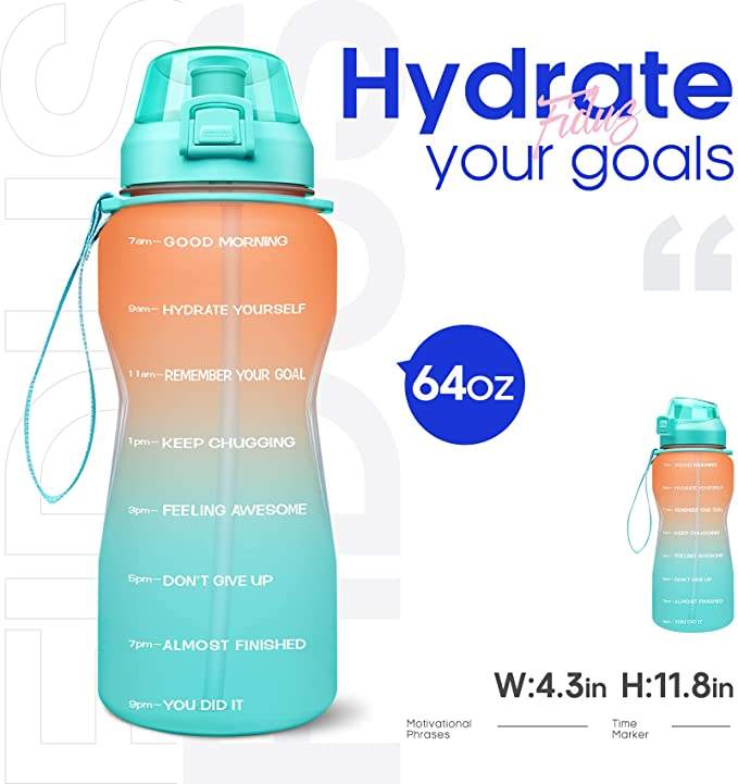 Large Half Gallon 64oz Leakproof Tritan BPA Free Motivational Water Bottle with Time Marker