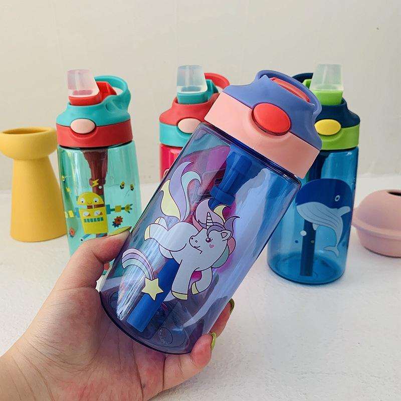 480ML BPA Free Cartoon Plastic Water Bottle With Straw and Handle for Children