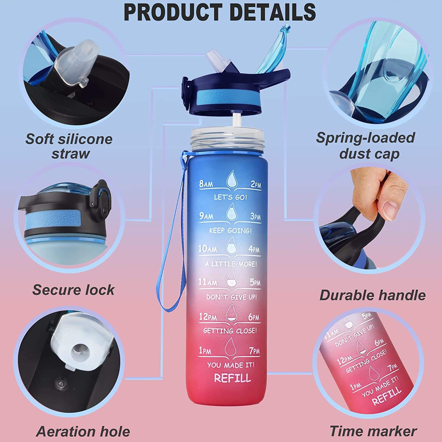 TRIATN BPA Free Large 32 oz Leak Proof Fitness Sports Water Bottle with Motivational Time Marker Straw and Handle