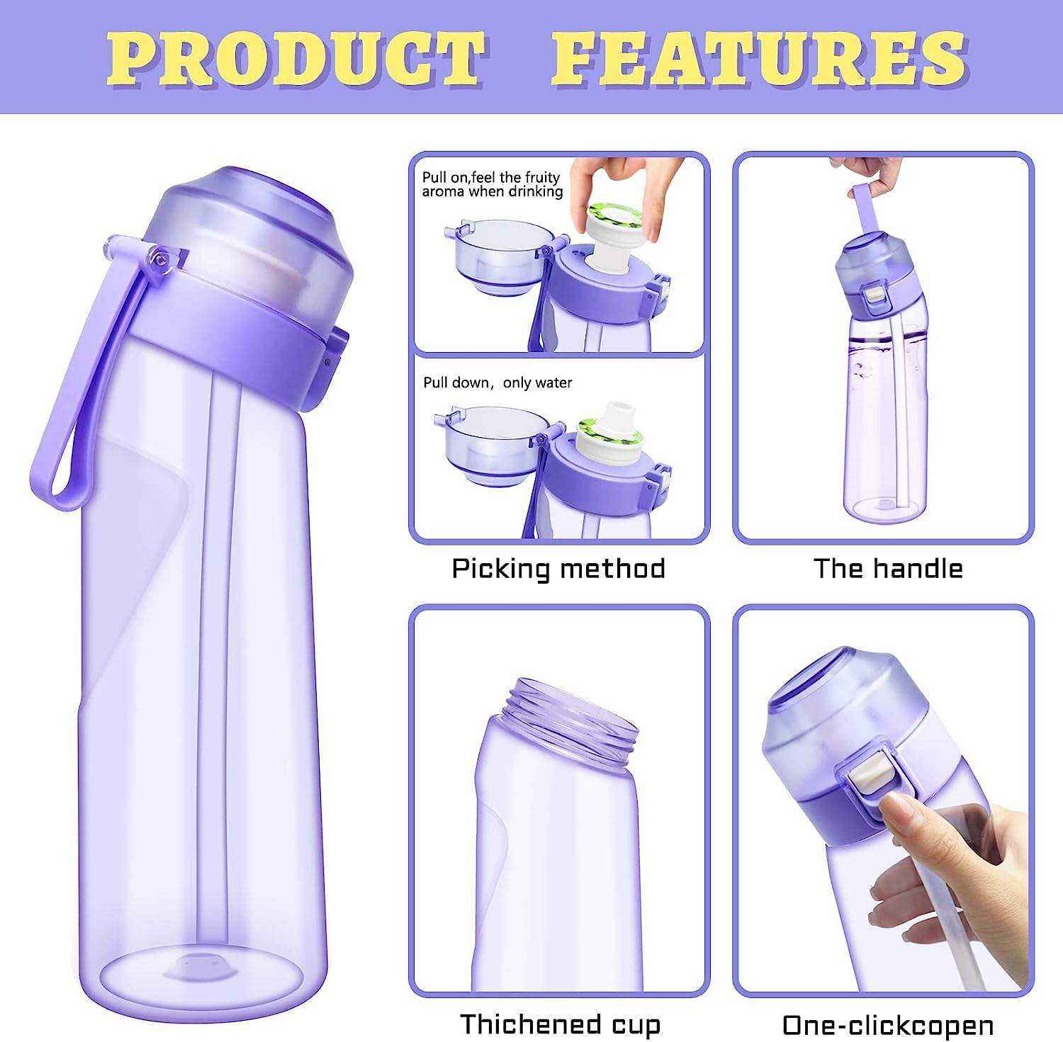 22oz Outdoor BPA-Free Scented up Water Cup Water Bottle 7 Flavored Pods Plastic Drink 650ml Matte Black