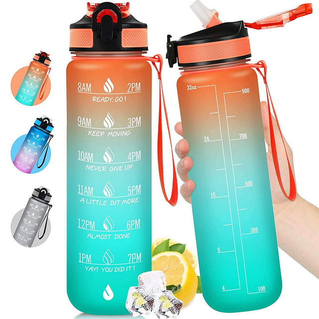 Wholesale 1L 32 Oz Gradient Color Wide Mouth Motivational Plastic Sports Water Drink Bottle With Strap