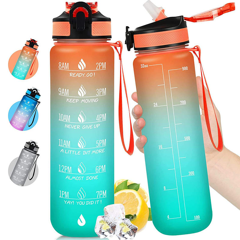 Wholesale 1L 32 Oz Gradient Color Wide Mouth Motivational Plastic Sports Water Drink Bottle With Strap