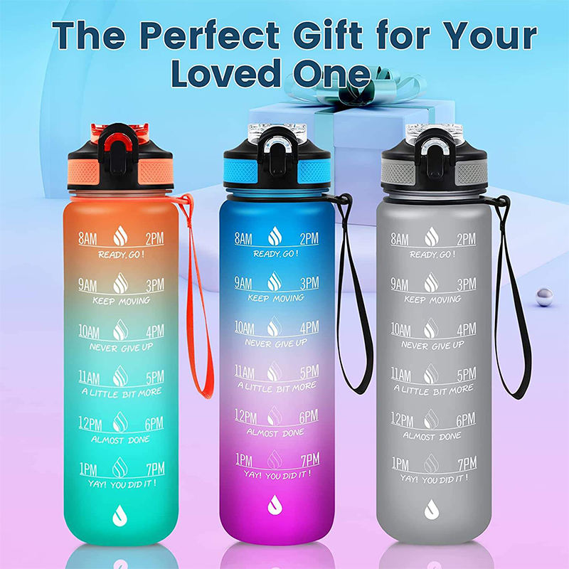 Wholesale 1L 32 Oz Gradient Color Wide Mouth Motivational Plastic Sports Water Drink Bottle With Strap
