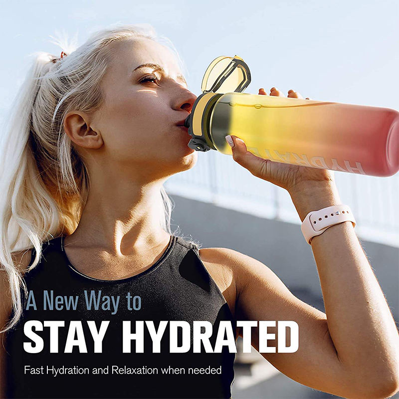 1000Ml Hydration Reminder Leak Proof Plastic Water Bottle Direct Drinking With Flip Top Lid With Time Marker
