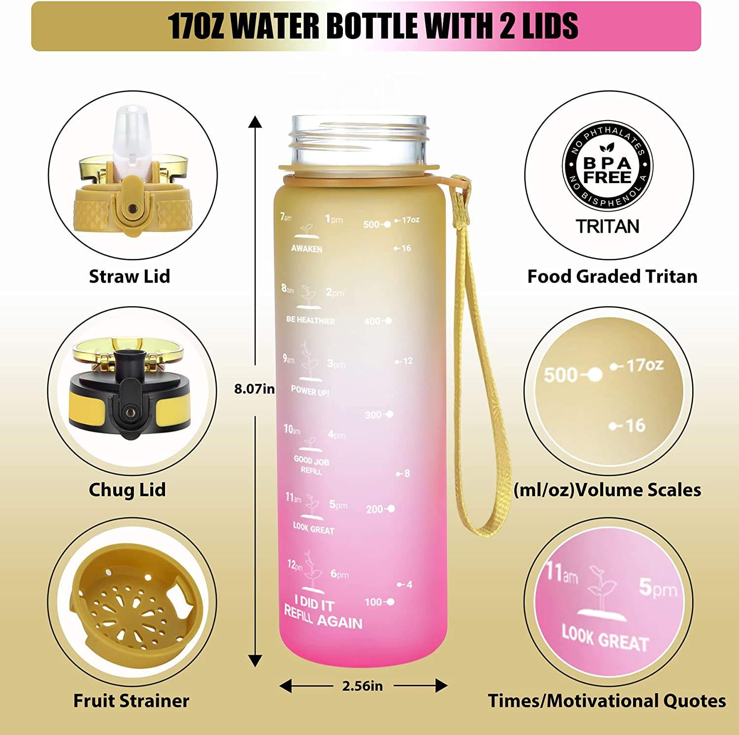 Custom Kids Water Bottle for School with Straw Chug Lid Unbreakable Leak-Proof BPA-Free Motivational Water Bottles