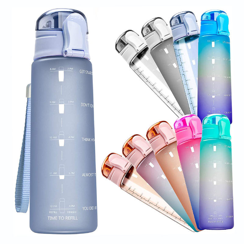 Custom Logo Straw Flip Top Filter Plastic Sport BPA Free 1l 32oz 32 oz Tritan Motivational Water Bottle With Time Marker
