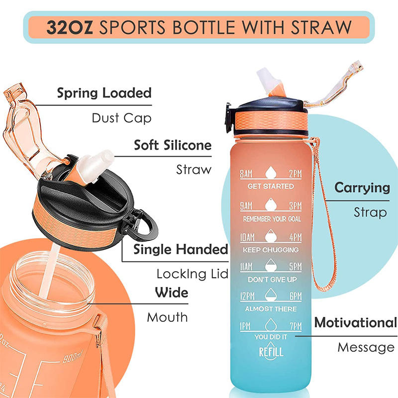 Workout Sport Custom Logo Insulated Straw Strainer Tritan 1L Plastic Motivational Water Bottles with Time Marker