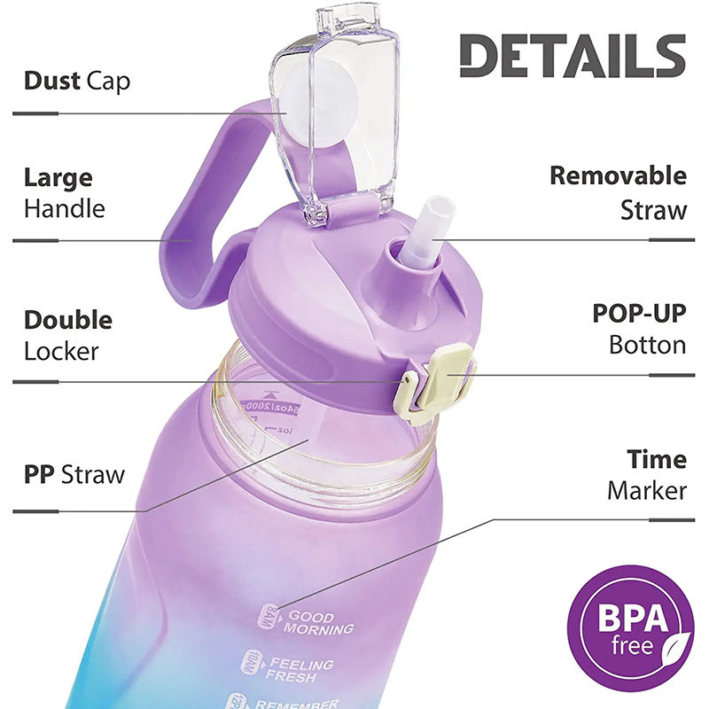 BPA Free Leak Proof 64oz Motivational Water Bottle With Time Maker, 2L Half Gallon Gradient Large Sports Plastic Water Bottle