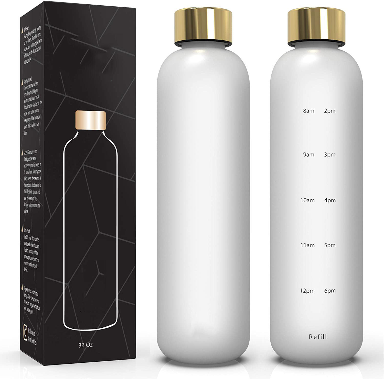 Water Bottle With Time Marker 1 L Reusable Water Bottles - BPA Free, Frosted Plastic - for Sports,Travel and Outdoors