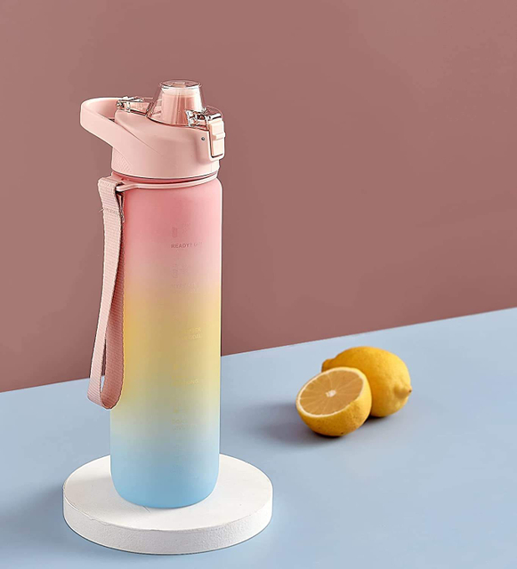 32oz BPA Free Motivational Fitness Sports Water Bottle with Time Marker & Removable Strainer Plastic Water Bottle