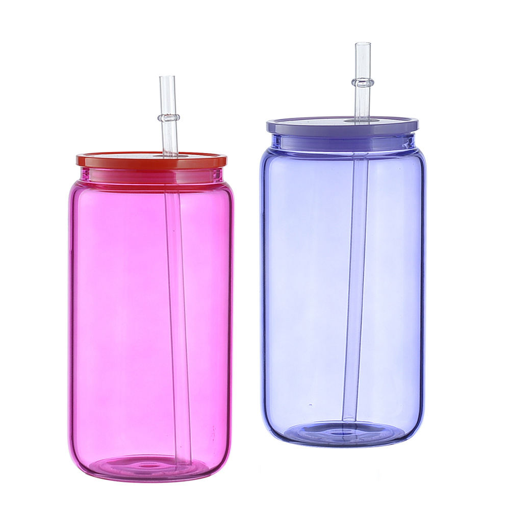 500 Ml 16Oz Wholesale Kids Clear Colorful Transparent Reusable Glass Water Drink Bottles With Straw Lid