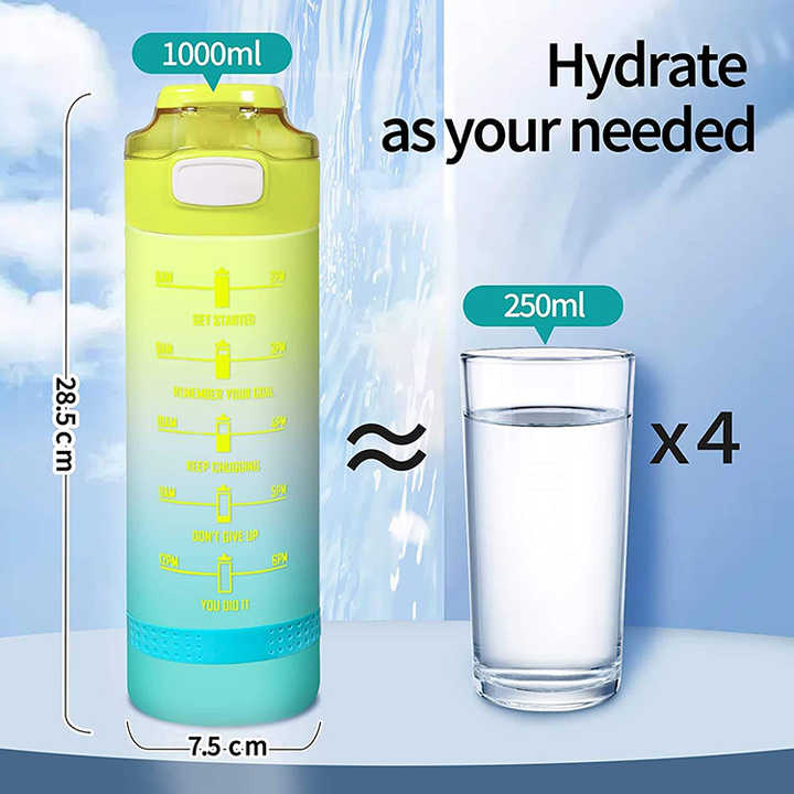 Custom Wholesale BPA Free Fitness Water Bottle Motivational Colorful 1000ml Straw Drinking Plastic Water Bottle With Time Marker