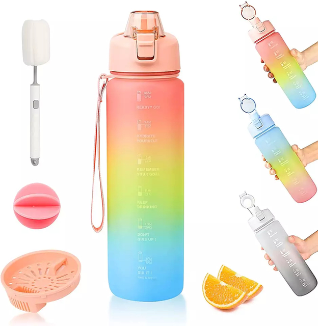Customize Color Motivational Water Bottle BPA Free 1L/32oz Jug with Straw and Time Tracker Inspirational Water Bottles