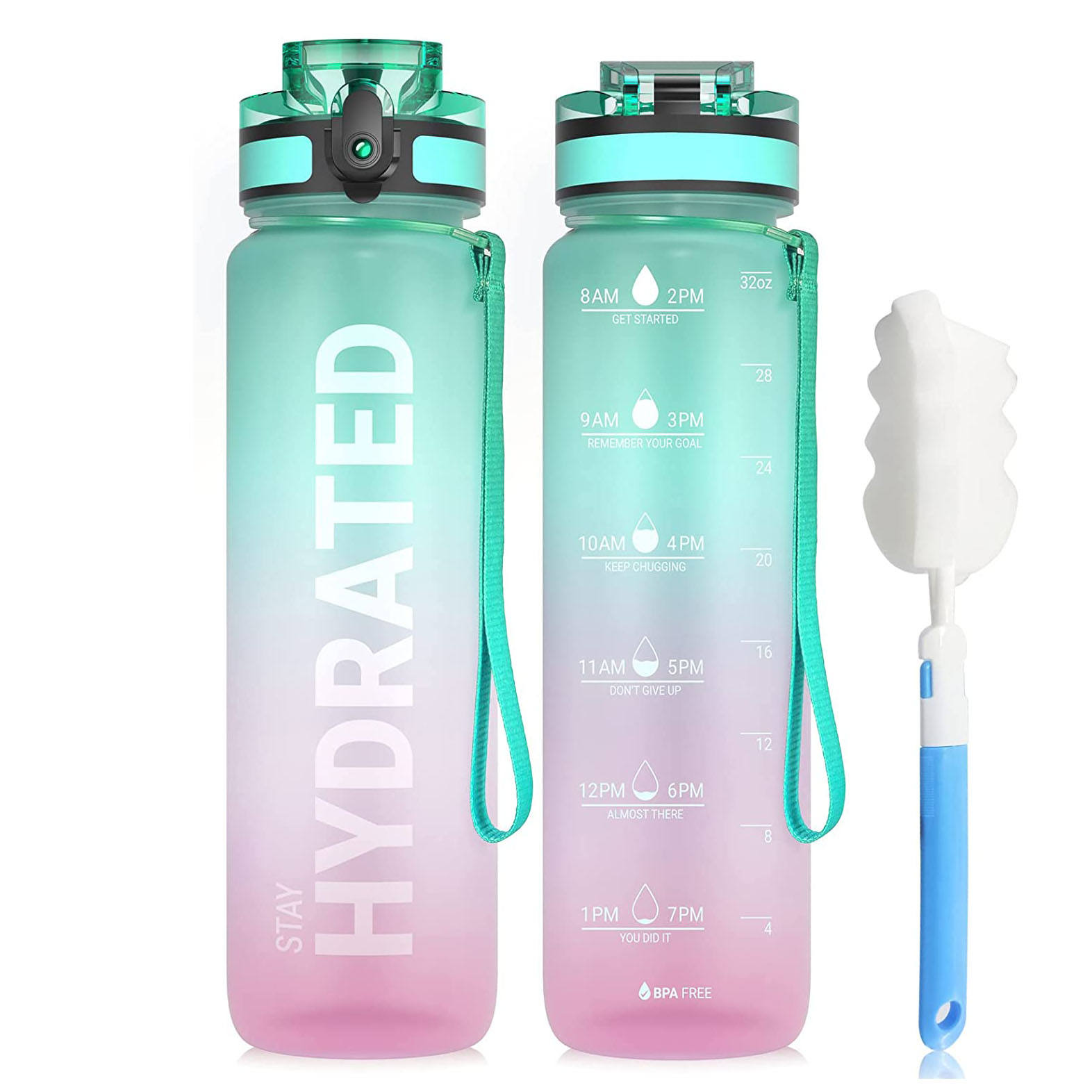 32OZ Motivational Fitness Sport Water Bottle With Time Maker Fast Flow Non-Toxic BPA Free Wide Mouth Water Bottle