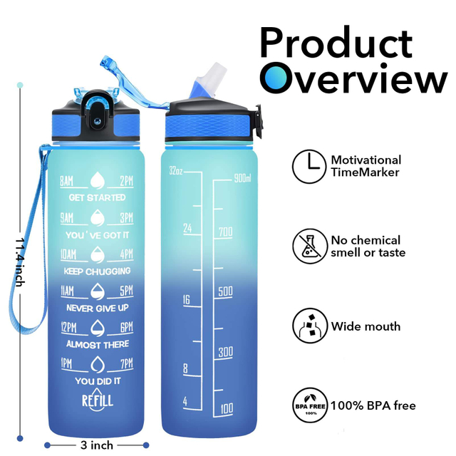 32 OZ Motivational Fashion Water Bottle With Time Marker to Drink BPA Free Frosted Plastic Water Bottles
