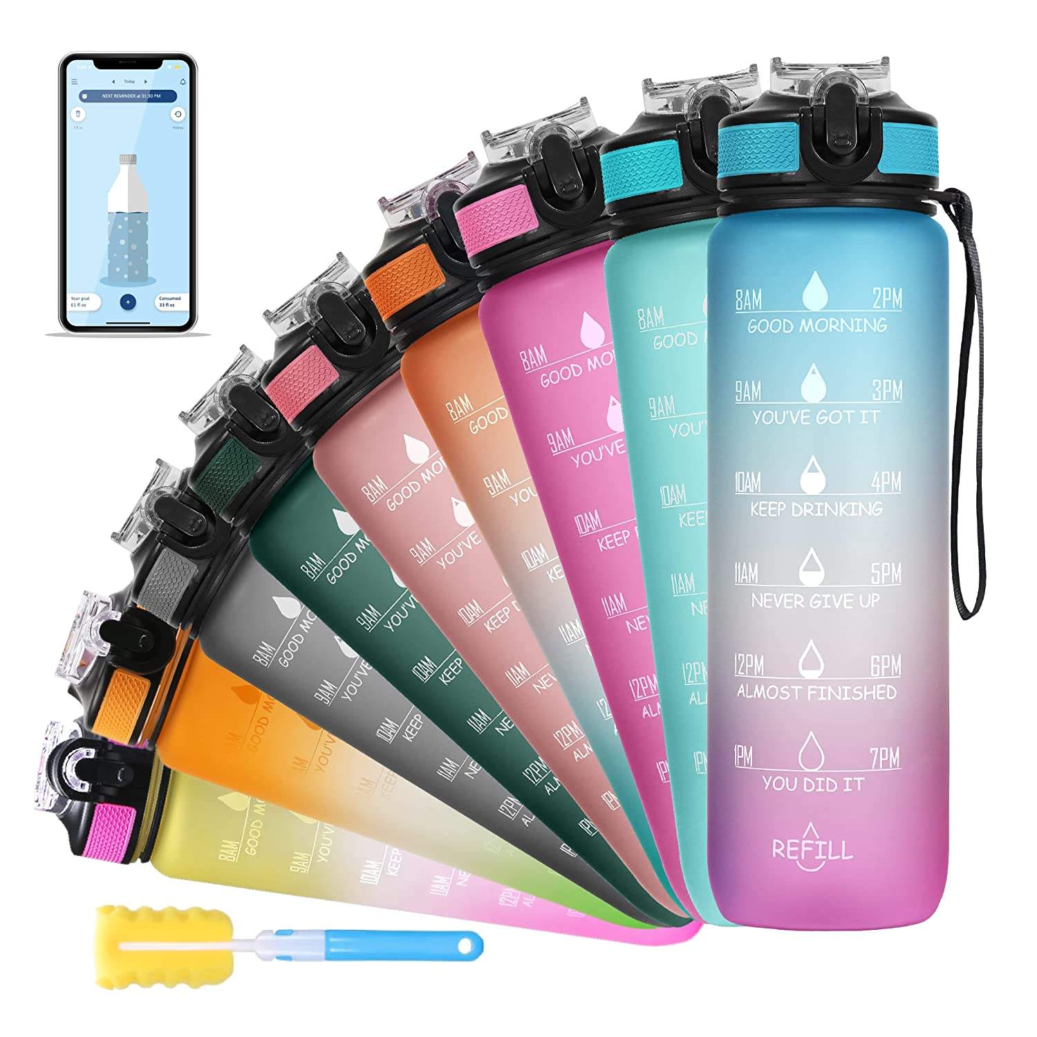 32oz 1L BPA Free Gym Custom Sport Motivational Plastic Water Bottle with Straw Time Marker Custom logo
