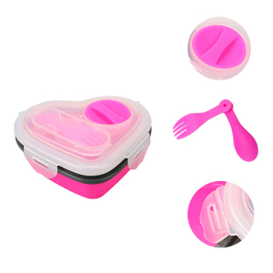 Silicone Bento Container BPA Free Food Storage Organizer Leakproof Heart Shape Lunch Box With Fork and Spoon