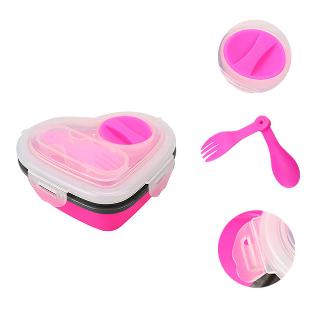 Silicone Bento Container BPA Free Food Storage Organizer Leakproof Heart Shape Lunch Box With Fork and Spoon