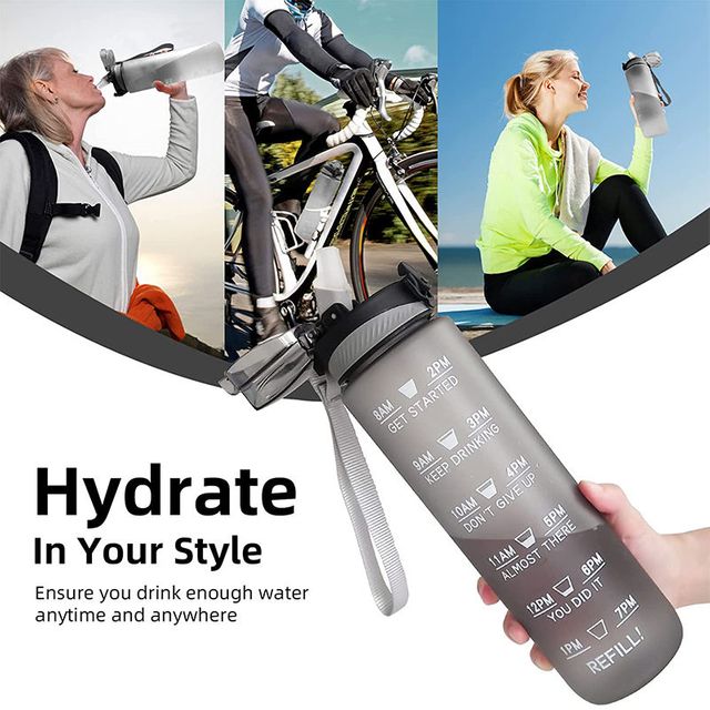 1L 32oz Custom Plastic Straw Strainer Filter Gym Sports BPA Free Tritan Motivational Water Bottle With Time Marker
