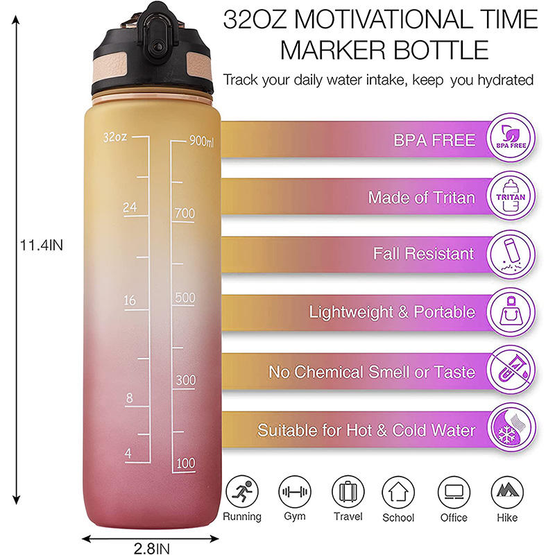32oz 1L Time Marker Leakproof Bicycle Product Tritan Sport Frosted Plastic Water Bottle BPA Free