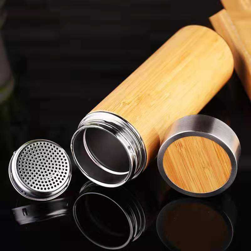 Eco-Friendly Bamboo Wood Travel Coffee Cups Stainless Steel Tea Tumbler Bamboo Water Bottle Travel Coffee Mug With Infuser