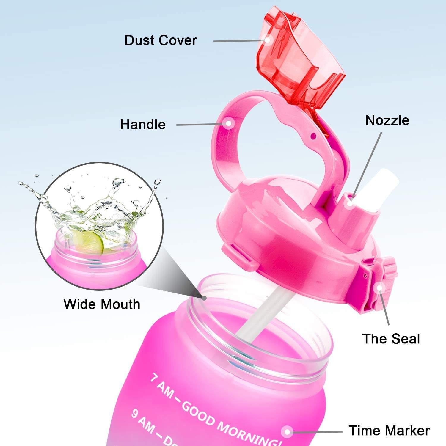 2022 New Product Gym Custom Logo 64oz 2L Motivational Water Bottle Straw With Time Stamp Straw Filter Plastic Bottle