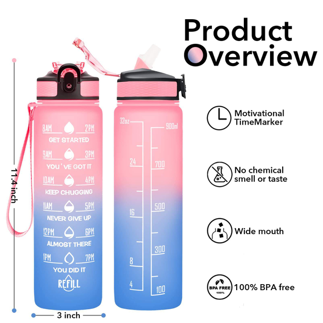 1L 32 OzCustom Plastic Straw Gym Sports BPA Free Tritan Motivational Water Bottle With Time Marker