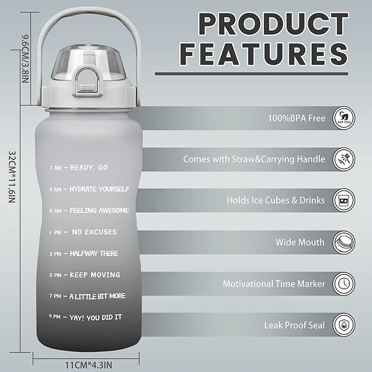 Custom BPA Free 2l Half Gallon Fitness Gym Sports Clear Plastic Motivational Water Bottle with Time Marker and Straw