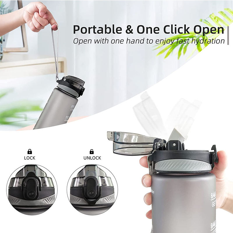 1L 32oz Custom Plastic Straw Strainer Filter Gym Sports BPA Free Tritan Motivational Water Bottle With Time Marker