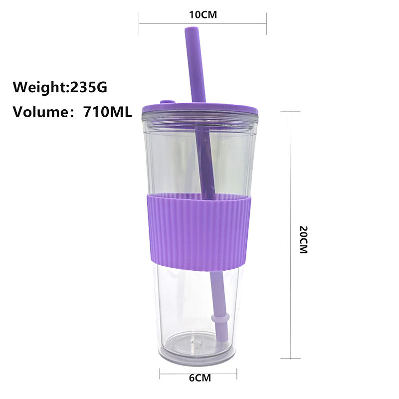 High Quality 710Ml Outdoor Travel Wide Mouth Clear Reusable Drink Tumbler With Rubber Sleeve Straw