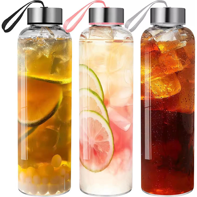 High Quality 18Oz 500Ml Leakproof Portable Narrow Mouth Transparent Glass Water Bottle With Strap Lids