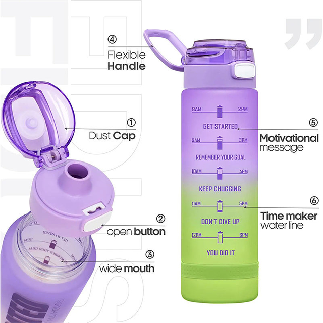 1000ml/32oz BPA-Free Fitness Plastic Gym Sports Motivational Water Bottle With Time Marker
