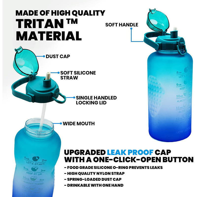 2L Wholesale Leakproof Gradient Color Fitness Sports Motivational Water Bottle with Time Marker and Straw