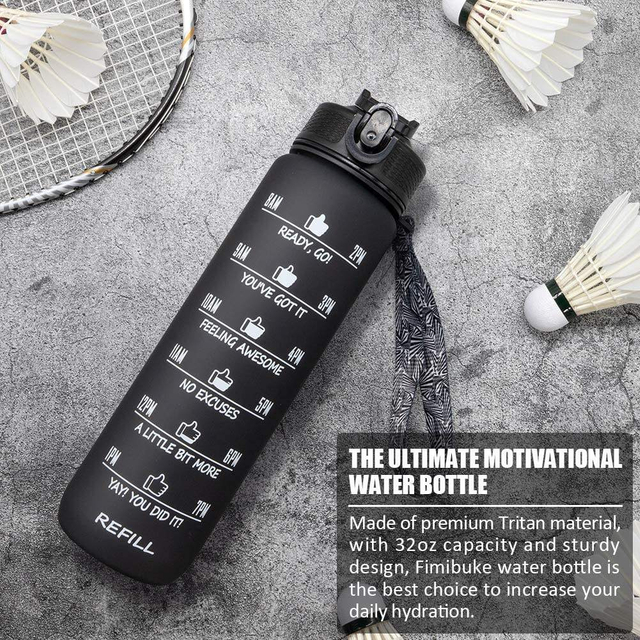 32oz Water Bottle with Time Marker Leakproof BPA Free Frosted Plastic Drinking Water Bottle with Straw