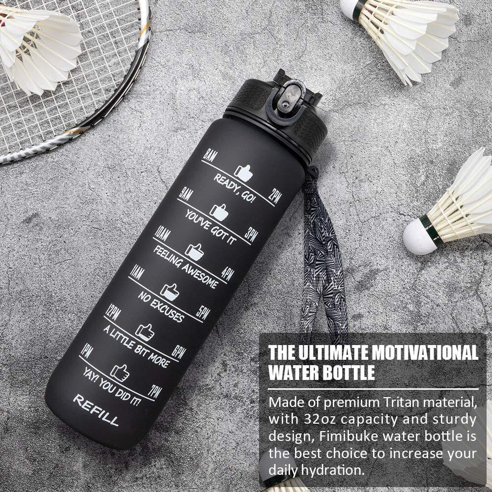 32oz Water Bottle with Time Marker Leakproof BPA Free Frosted Plastic Drinking Water Bottle with Straw