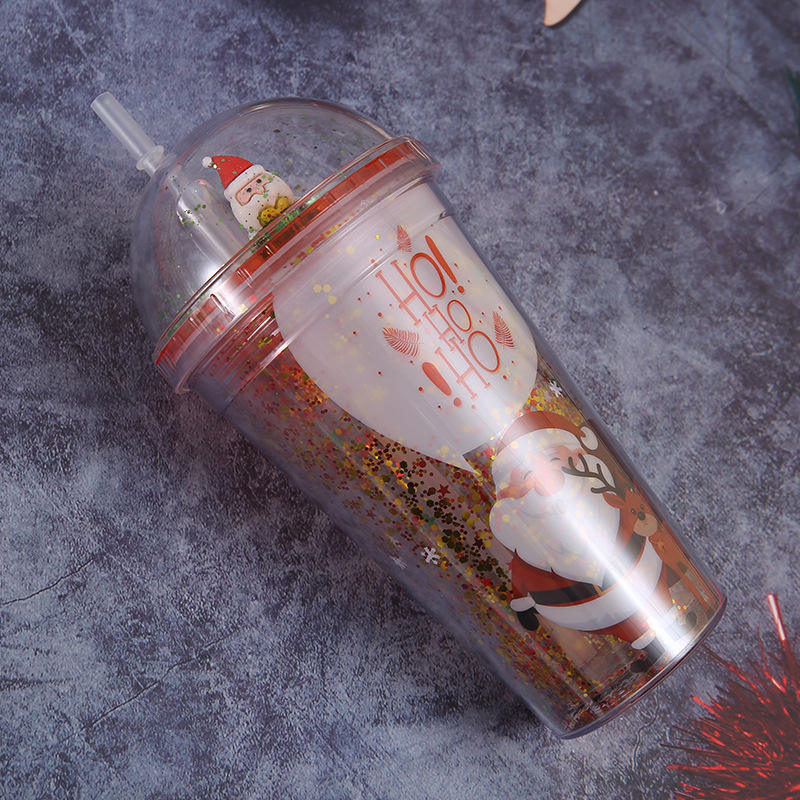 Wholesale Hot Selling Creative Glitter Paper Insert Christmas Gift Double Wall Reusable Plastic Tumblers With Straw
