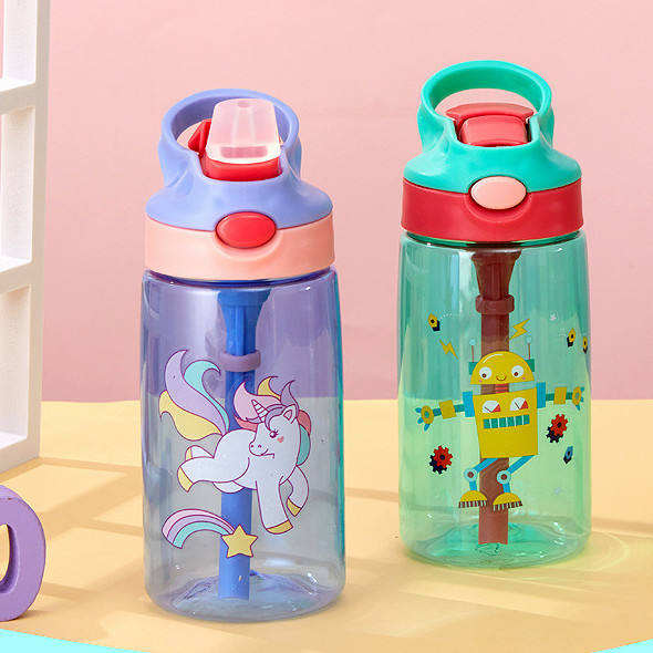 480ML BPA Free Cartoon Animal Princess Colorful Student Plastic Water Bottle With Straw and Handle