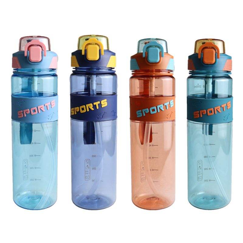 32oz Eco Friendly Wide Mouth with Straw and Handle Rope Portable Plastic Water Bottle Anti-slip Silicone Ring